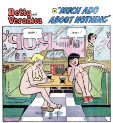 2d 2girls archie_comics areolae betty_and_veronica betty_cooper big_breasts black_hair blonde_hair booth booth_seating breasts casual diner english_text female footwear hanging_breasts human indoors moriartyhide multiple_girls nipples nude nude_female nudist pale_skin public public_nudity radio speech_bubble text veronica_lodge