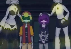 2boys 2d 2girls disassembly_drone glitch_productions green_eyes height_difference murder_drones n_(murder_drones) purple_eyes purple_hair robot robot_boy robot_girl smaller_female smaller_male taller_female taller_girl taller_male thad_(murder_drones) uzi_(murder_drones) v_(murder_drones) white_hair worker_drone yellow_hair