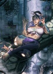 barefoot big_breasts cyberpunk cyberpunk_girl feet hip_tattoo kyuyong_eom punk punk_girl purple_hair tattoos thick_thighs tight_clothing topwear