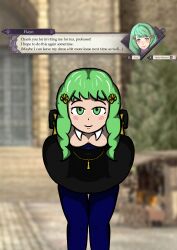 bluetitbird blush female female_only fire_emblem fire_emblem:_three_houses fire_emblem_warriors:_three_hopes flashing flayn_(fire_emblem) garreg_mach_monastery_uniform green_eyes green_hair looking_at_viewer nintendo nipple_slip pantyhose small_breasts smile solo