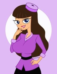 blue_eyes breasts brown_hair clothed clothing disney hand_on_head hat large_breasts long_hair looking_at_viewer phineas_and_ferb porkchop_(artist) purple_clothing smile smiling smiling_at_viewer vanessa_doofenshmirtz