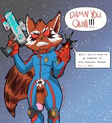 anthro balls banksauce brown_body brown_fur chest_tuft clothed clothing colored fluffy fur genitals guardians_of_the_galaxy gun hair hi_res knee_pads male mammal marvel multicolored_body multicolored_fur nude penis procyonid pubes raccoon ranged_weapon red_eyes rocket_raccoon sharp_teeth simple_background solo spacesuit tail teeth tuft weapon white_body white_fur