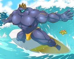 abs absurd_res bara barazoku big_pecs bulge clothing detailed_bulge eyewear glasses hi_res humanoid machoke maldu male male_only muscular muscular_humanoid muscular_male muscular_thighs nintendo nipple_piercing nipples pecs piercing pokemon pokemon_(species) ryuji_kaiyo speedo staryu surfboard surfing swimwear underwear water wave