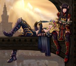 2d 2girls armored_female ashtyne_(leyawin) athletic_female bangs black_hair blonde_hair blood_elf camouflage flower_in_hair green_eyes holding_weapon laying_on_lap leyawin looking_at_viewer multiple_girls relaxing small_breasts smirk tubetop warcraft weapon