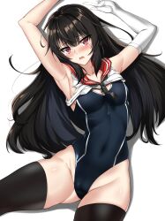 absurdres armpits arms_up bare_shoulders black_hair black_one-piece_swimsuit black_thighhighs breasts cameltoe clothes_lift counter:side covered_navel elbow_gloves elze_(s01047480836) female gloves groin highleg highleg_swimsuit highres long_hair looking_at_viewer necktie one-piece_swimsuit red_eyes sailor_collar shirt shirt_lift short_necktie simple_background single_glove sleeveless sleeveless_shirt small_breasts solo swimsuit thighhighs white_background white_gloves white_shirt xiao_lin_(counter:side)