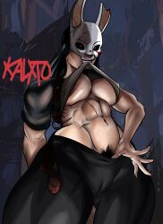 2d abs big_breasts biting_clothes dbd dead_by_daylight dirty from_below huntress_(dead_by_daylight) imminent_sex kalxto large_breasts looking_at_viewer mask muscles muscular muscular_female tan_body