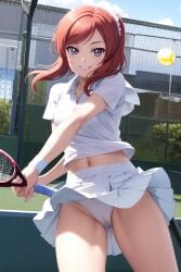 ai_generated blush eyes love_live! love_live!_school_idol_project nishikino_maki panties red_hair short_hair skirt smile tennis_ball tennis_court tennis_racket tennis_uniform white_clothing