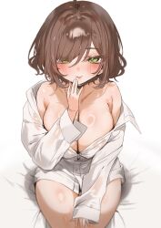 1girls blush breasts brown_hair cleavage female female_only green_eyes huge_breasts indie_virtual_youtuber inviting light-skinned_female light_skin looking_at_viewer masa_(ikou_56) miori_celesta on_bed seductive sitting_on_bed solo tsunderia virtual_youtuber