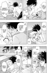 1boy bed blush buthikireta couple embarrassed hug izuku_midoriya my_hero_academia ochako_uraraka phone smile straight surprised wholesome