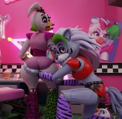 2girls 3d 3d_(artwork) accurate_art_style animatronic anthro ass big_ass big_butt big_hips blender blue_eyes butt chicken five_nights_at_freddy's five_nights_at_freddy's:_security_breach furry glamrock_chica_(fnaf) green_hair grey_hair huge_hips lipstick robot robot_girl roxanne_wolf_(fnaf) roxanne_wolf_(x3milky) sharkzero white_body wolf wolf_ears wolf_girl wolf_tail yellow_eyes