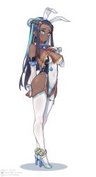 bare_shoulders black_hair blue_eyes blush box20502017 bunny_ears bunny_girl bunnysuit clothed dark-skinned_female dark_skin ear_piercing earrings female_only high_heels large_breasts long_hair long_sleeves nessa_(pokemon) playboy_bunny pokemon solo_focus uncensored white_garter_belt white_garter_straps white_legwear white_sleeves white_stockings wrist_cuffs xiangzi_box