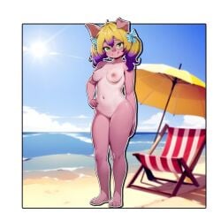 2023 alternate_version_at_source anthro areola belly blonde_hair blush breasts clover_(bunny4life) female genitals green_eyes hair hi_res looking_at_viewer mammal navel nipples nude pink_body pussy sicmop solo suid suina sus_(pig) young