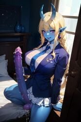 1futa ai_generated bedroom big_breasts blonde_hair blue-skinned_futanari blue_demons_(enjuuji) blue_penis blue_skin blue_tie braid braided_hair braided_ponytail cum demon_girl demon_girls_(enjuuji) demon_horns door enjuuji futanari grabbing_penis horn horns huge_breasts large_breasts large_penis long_penis looking_at_viewer necktie penis pillow pointy_ears purple_eyes purple_testicles school_uniform testicles white_pillow white_sheets white_skirt