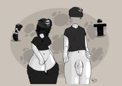 1boy 1boy1girl 1girls balls beanie big_ass big_balls big_breasts big_penis black_beanie black_hair black_shirt both_sexes_in_same_situation bottomless breasts_visible_through_clothing commission commission_art commissioner_oc commissioner_upload deformation female grey_background headless horny male moon oc pants pants_down penis pussy reference_image roblox roblox_avatar robloxian roqor roro_(artist) self_upload shirt simple_background skull watermark white_skin