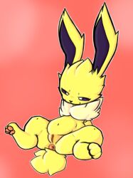 anus dustyspaghetti eeveelution female feral generation_1_pokemon genitals hi_res jolteon narrowed_eyes nintendo pawpads pokemon pokemon_(species) pussy simple_background sitting smile solo yellow_body