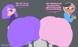 1boy 2023 2girls ass_sandwich black_hair bottom_heavy duolingo emo emo_girl fat_ass huge_ass lily_(duolingo) massive_ass moonraige moonstadew no_outlines pink_pants purple_hair purple_pants simple_background speech_bubble tagme zari_(duolingo)