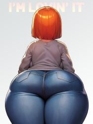 1girls ai-assisted ass backboob big_ass big_breasts boylurker breasts english_text female female_only fully_clothed huge_ass jeans mature_female mcdonald's medium_hair milf mom_(japanese_mcdonald's_commercial) neolurker orange_hair pants solo standing sweater text voluptuous yoru_mac