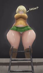 1girls ashley_graham ashley_graham_(ella_freya) big_breasts blonde_hair ladder miniskirt pantyshot plok902 resident_evil resident_evil_4 resident_evil_4_remake skirt thick_thighs