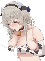 1boy absurdres animal_ears animal_print bell bikini blush breasts closed_eyes cow_ears cow_horns cow_print cowbell ear_tag elbow_gloves fake_animal_ears fake_horns female gloves highres horns large_breasts long_hair ltotyht neck_bell nose_blush open_mouth paizuri penis simple_background solo_focus straight swimsuit upper_body uzaki-chan_wa_asobitai! uzaki_tsuki white_background