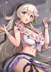 1girls :o absurdres alternate_costume bangs bikini bikini_skirt black_hairband breasts cleavage commentary corrin_(female)_(fire_emblem) corrin_(female)_(summer)_(fire_emblem) corrin_(fire_emblem) corrin_(fire_emblem)_(female) female female female_only fire_emblem fire_emblem_fates fire_emblem_heroes flower flower_necklace gonzarez grey_hair hair_between_eyes hair_flower hair_ornament hairband highres large_breasts lei long_hair looking_at_viewer lying medium_breasts navel nintendo official_alternate_costume on_back open_mouth pink_flower pointy_ears red_eyes skirt slit_pupils solo stomach swimsuit very_long_hair white_bikini white_skirt white_swimsuit