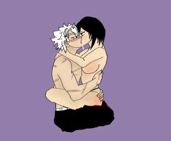 1boy 1girls ass ass_grab black_eyes black_hair breasts crossover demon_slayer female french_kiss huge_breasts hugging kimetsu_no_yaiba kissing male markings naruto naruto_(series) pants saliva sanemi_shinazugawa scars shizune sitting_on_person slap_mark straddling thong tongue white_hair