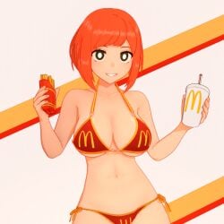 1girls anna_anon big_breasts bikini black_eyes breasts busty cleavage female female_only food french_fries highres koikatsu large_breasts legs looking_at_viewer mature mature_female mature_woman mcdonald&#039;s milf mom_(japanese_mcdonald&#039;s_commercial) navel orange_hair red_bikini short_hair smile soda solo swimsuit thighs voluptuous yoru_mac