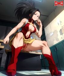 1girls ai_generated black_eyes black_hair bottomless censored momo_yaoyorozu my_hero_academia pussy rhott sitting