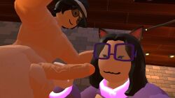 1boy 3d_model black_hair cat_ears female glasses huge_breasts huge_cock imminent_oral rec_room recroom recroom-nsfw vr