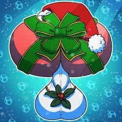 1:1 2020s 2021 ass backsack balls digital_media_(artwork) faceless_character faceless_male genitals male mario_(series) mistletoe nintendo nude perineum pink_yoshi plant rear_view ribbons simple_background solo thelewdshi yoshi