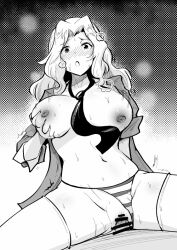 1boy between_breasts blush breasts censored clothed_sex clothing_aside cowgirl_position cowgirl_position female girls_und_panzer grabbing_own_breast kay_(girls_und_panzer) large_breasts long_hair looking_at_viewer maruno_ki monochrome navel necktie necktie_between_breasts nipples open_clothes open_mouth open_shirt panties panties_aside penis pov pussy sex straddling straight sweat thighhighs underwear vaginal_penetration