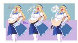 1girls belly belly_button belt belt_snapping big_belly blonde_hair blue_eyes breasts burp burping button_pop button_popping clinkoclinko drill_hair emilia_von_schleuse gloves jiggling_belly laughing ohoho_laugh ojou-sama_pose smug some_bullshit