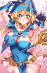 1girls armpits blush breasts dark_magician_girl duel_monster female hat heart hikari_(komitiookami) pentagram skin_tight skindentation solo solo_female sparkles yu-gi-oh!