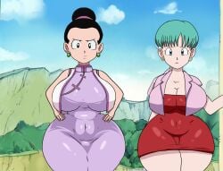 2d 2girls ass big_ass big_breasts big_butt black_hair breasts bulma_briefs chichi chichi_(majin_buu_saga) concerned cyan_hair dragon_ball dragon_ball_z fat_ass female francyart34 full_color fully_clothed hands_on_hips no_penetration pouting thick thick_ass thick_thighs voluptuous wide_hips