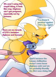 absurd_res ando anthro bandai_namco blush blush_lines canid canine condom digimon digimon_(species) female fur genitals hi_res human humanoid_genitalia humanoid_penis male male/female male_on_anthro mammal penis renamon sexual_barrier_device white_body white_fur yellow_body yellow_fur