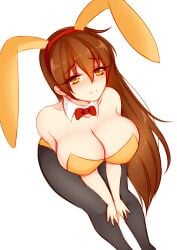 aki_(somegu) animal_ears big_breast big_breasts bowtie bowtie_collar brown_hair brown_hair_female bunny_costume bunny_ear bunny_ears bunny_girl bunny_tail bunnygirl bunnysuit foxykuro huge_breast huge_breasts large_breast large_breasts long_brown_hair long_hair_female somegu yellow_eyes