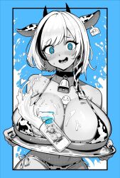 animal_ears animal_print bell bikini blue_eyes breasts breasts_on_tray clickdraws commentary cow_print cowbell cup english_commentary fake_animal_ears fake_horns female gamersupps highres holding holding_tray horns huge_breasts looking_at_viewer milk monochrome original short_hair spill standing swimsuit tray