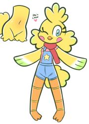 anthro anthro_female anthro_focus anthro_only avian bird blue_eyes chicken clothing disfigure female furry galliform gallus_(genus) happy heart hi_res navel nude one_eye_closed overalls phasianid rosy_cheeks simple_background wink yellow_body