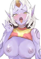 1girls 2d big_breasts breasts cola_bcde color colored fellatio_gesture female female_only horn league_of_legends long_hair looking_at_viewer nipples purple_body riot_games silver_hair soraka undressing