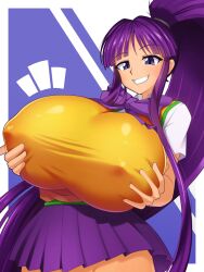 2d breasts cleavage eiken female gigantic_breasts groping_breast groping_own_breast highres huge_breasts izuthree kirika_misono long_hair ponytail purple_eyes purple_hair smile very_long_hair