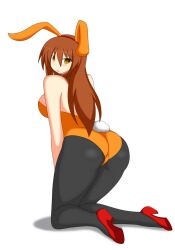 aki_(somegu) animal_ears big_breast big_breasts bowtie bowtie_collar brown_hair brown_hair_female bunny_costume bunny_ear bunny_ears bunny_girl bunny_tail bunnygirl bunnysuit huge_breast huge_breasts large_breast large_breasts long_brown_hair long_hair_female looking_back somegu yellow_eyes