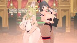 2girls 3d areolae blue_eyes blue_hair bunny_ears bunny_girl bunny_tail bunnysuit casino ceres_fauna curvy deer_antlers fishnet_pantyhose frills green_eyes green_hair hololive hololive_english hololive_english_-council- hololive_english_-promise- huge_ass huge_breasts indoors koikatsu ouro_kronii thick_thighs virtual_youtuber wide_hips wink winking_at_viewer