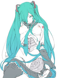 1girls aqua_eyes aqua_hair bangs black_legwear breasts doll_joints female hatsune_miku headset kyo_(kuroichigo) long_hair nail_polish necktie scar skeleton skirt solo thighhighs tied_hair twintails very_long_hair vocaloid