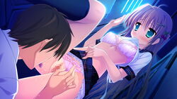 blue_eyes blush bra breasts brown_hair censored female game_cg hair_ornament kneehighs long_hair magical_marriage_lunatics!! moonstone ornament panties pink_bra pink_panties pussy pussy_juice shirt_lift skirt skirt_lift underwear yamakaze_ran yuuna_shirahase