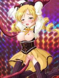 blonde_hair blush breasts count_zero dress hat highres mahou_shoujo_madoka_magica nipples tear tentacle tomoe_mami torn_clothes yellow_eyes