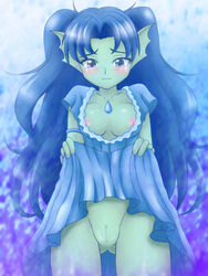 alternate_hairstyle aqua_spirit blue_hair blush breasts dress dress_lift head_fins nipples pussy vagina yu-gi-oh!