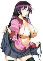 aqua_eyes axz bakemonogatari bikini bikini_top blue_eyes bra breasts cleavage condom condom_in_mouth erect_nipples front-tie_top high_resolution huge_breasts jpeg_artifacts kutani kyuuteji_(pixiv) long_hair monogatari_(series) mouth_hold open_clothes open_shirt purple_hair senjougahara_hitagi side-tie_bikini side-tie_panties simple_background skirt skirt_lift swimsuit thighhighs underboob white_bikini