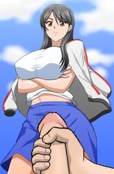 black_hair breast_hold breasts brown_eyes crossed_arms fukiyose_seiri hokuto_(tokuho) huge_breasts jacket_on_shoulders long_hair penis tagme to_aru_majutsu_no_index