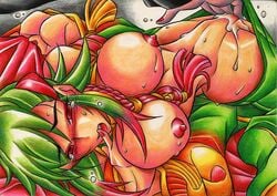 breasts green_hair king_of_fighters king_of_fighters_maximum_impact large_breasts masturbation nipples red_eyes snk xiao_lon