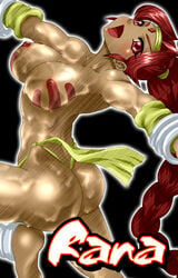 1girls ass braid braided_hair breasts covered_nipples dark-skinned_female dark_skin diamond_(gem) female female_only hands_on_breasts_paint headband large_breasts loincloth long_hair lowres oil oiled_body oily paint rana_(ssf4) red_eyes red_hair shin_(studios) solo super_strip_fighter_4