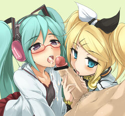 aqua_eyes aqua_hair blonde_hair blush censored collaborative_fellatio cum cum_in_mouth cum_on_body fellatio glasses hair_ribbon hatsune_miku headphones kagamine_rin kagamine_rin_(roshin_yuukai/hard_rkmix) kocchi_muite_baby_(vocaloid) licking long_hair momio multiple_fellatio multiple_girls open_mouth oral penis project_diva project_diva_2nd pubic_hair purple_eyes ribbon roshin_yuukai_(vocaloid) sex skirt teamwork tied_hair tongue twintails vocaloid